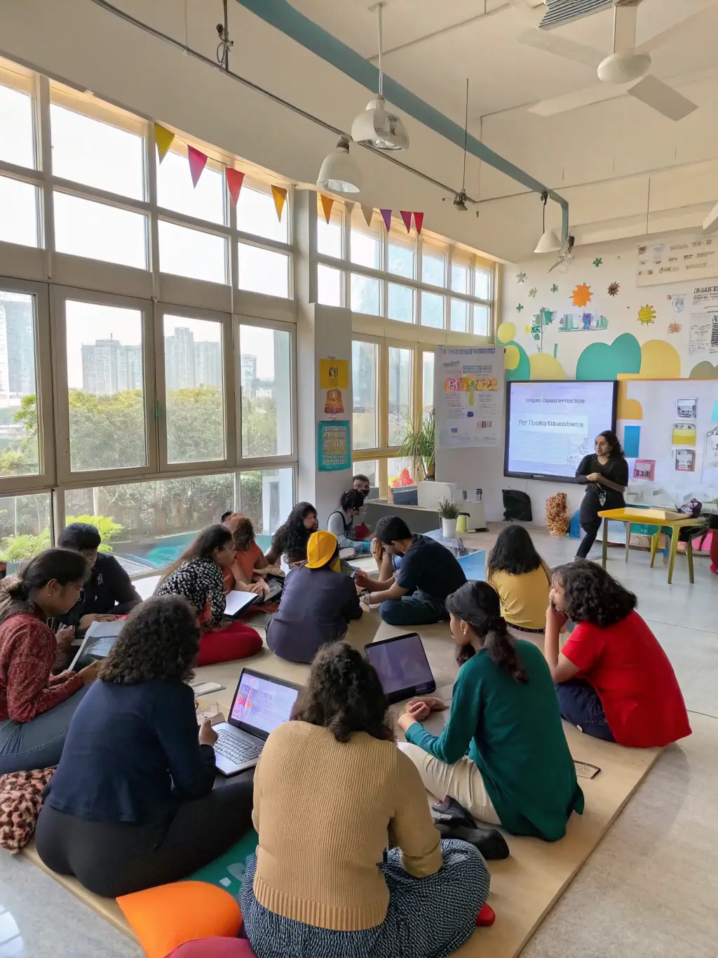A photograph of a workshop session at a leadership conference in Chennai, India. Participants are actively engaged in a hands-on activity.