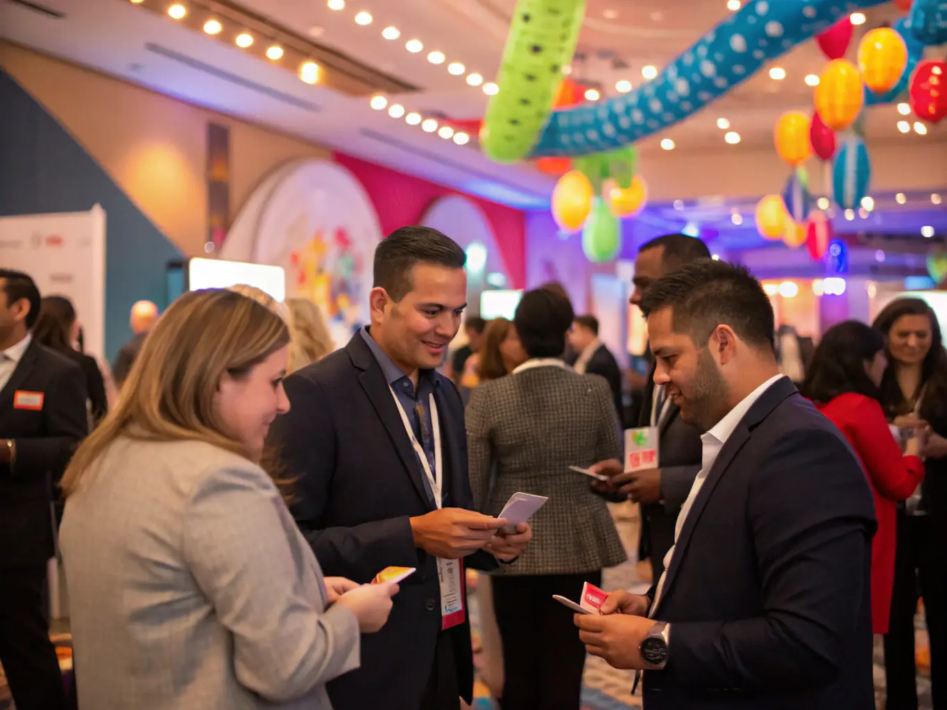 A dynamic image showcasing a networking session at a datastreams.site conference, with attendees actively engaging in discussions and exchanging business cards.