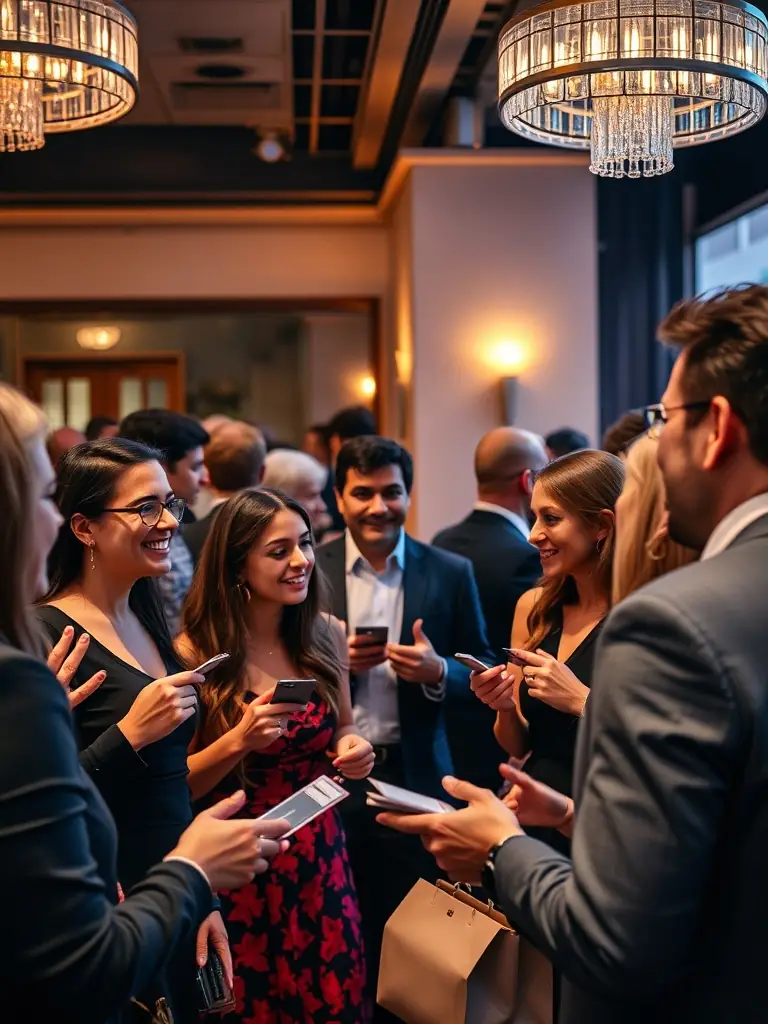 A photograph of a networking session at a leadership conference in Bangalore, India. Attendees are mingling and exchanging business cards.