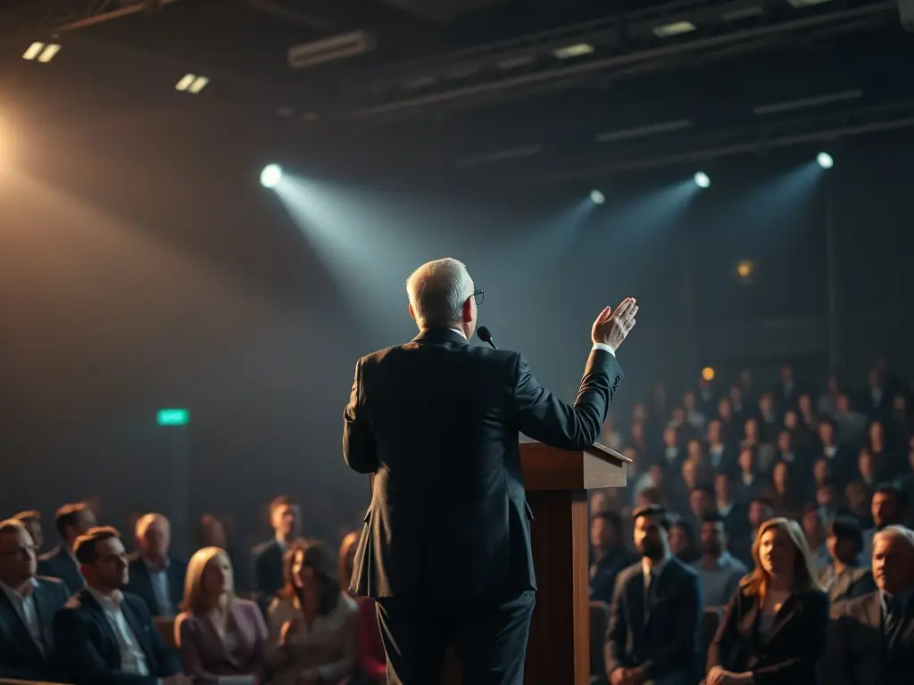 A vibrant photograph capturing a keynote speaker passionately addressing a large audience at a datastreams.site leadership conference in Mumbai, India.
